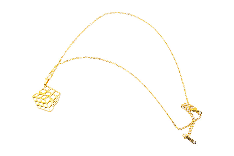 Stainless Steel Hollow Cube Pendant Necklace (18K Gold Plated)